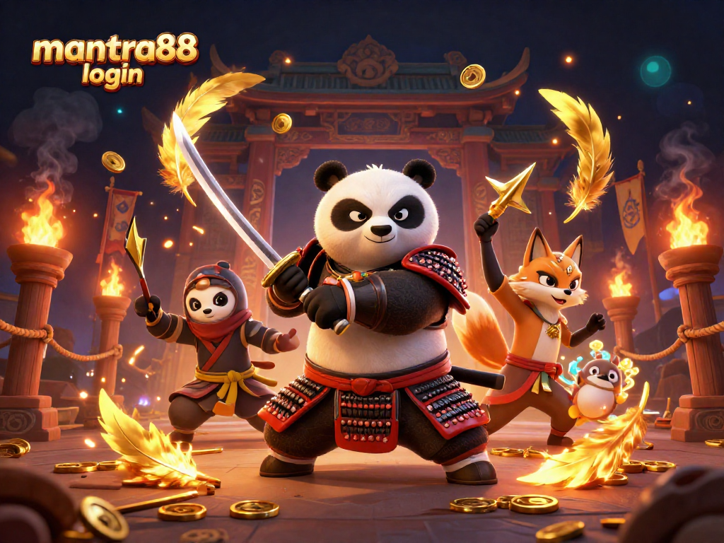 Engage with the thrill of mantra88 login, featuring dynamic characters and rich gambling elements in a vibrant illustration.