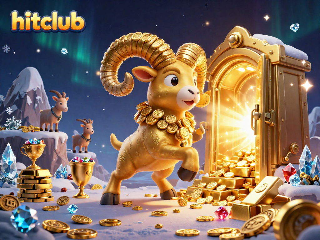Experience excitement at hitclub with a golden ram charging towards riches in a lavish casino scene.