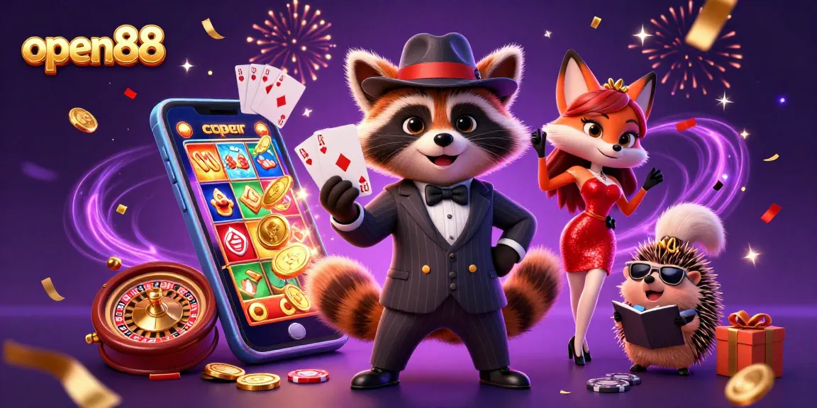 Win big with open88 in this exciting 3D casino scene featuring dynamic characters and slot games.