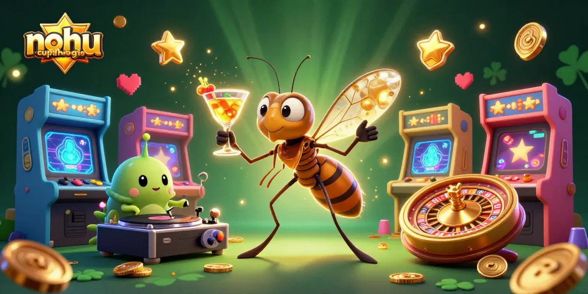 Experience vibrant gaming with nohu-cupthegioi, featuring an amber mosquito mascot, trilobite DJ, and gaming elements.