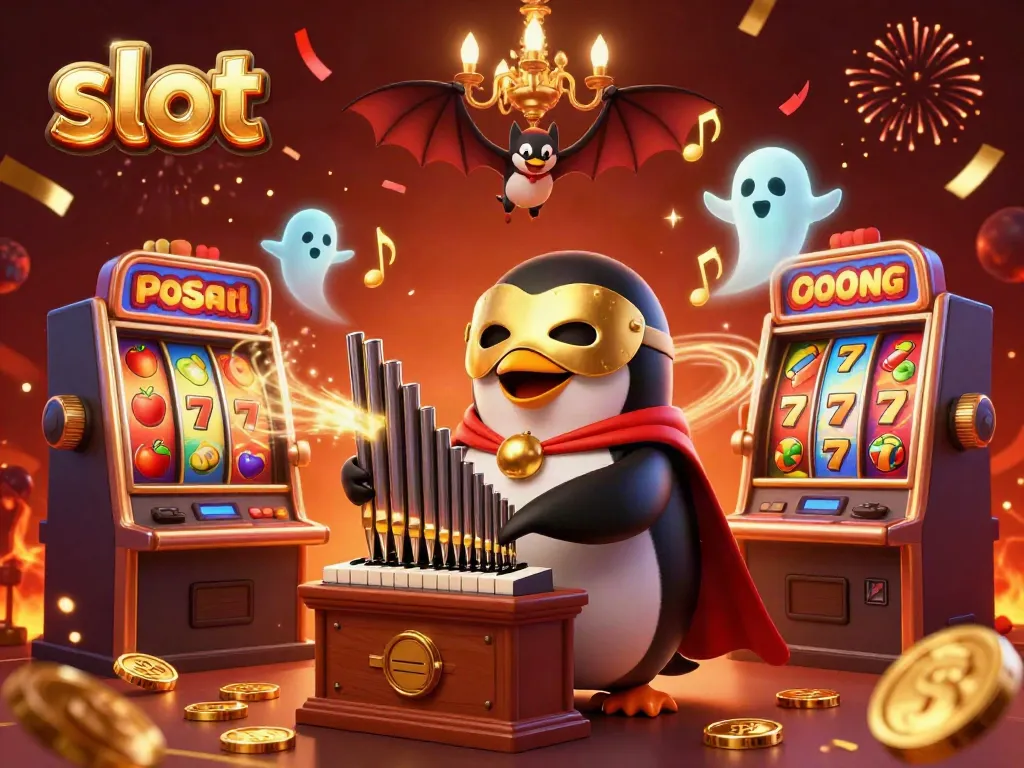 Menangkan jackpot slot dengan penguin opera kartun beraksi bermain organ yang mengeluarkan koin emas.
