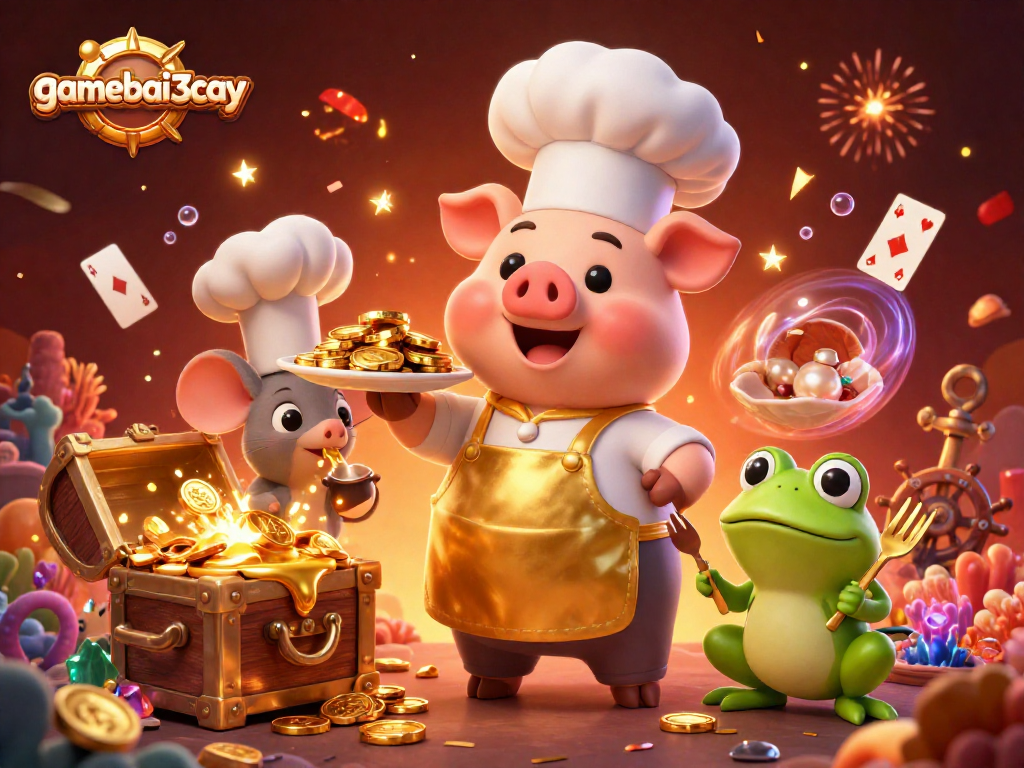 Experience the excitement of gamebai3cay with a chef pig serving gold coins at a vibrant casino scene.
