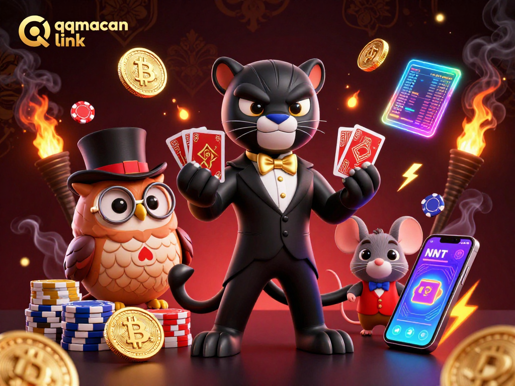 Engage with the exciting qqmacan link experience featuring a panther dealer, owl chips holder, and mouse in a vibrant 3D casino scene.