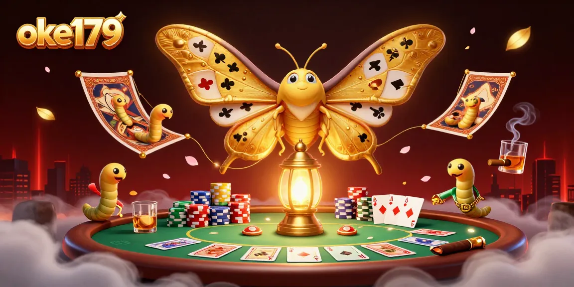 Experience the thrilling gaming atmosphere of OKE179, featuring vibrant casino scenes and a majestic moth.