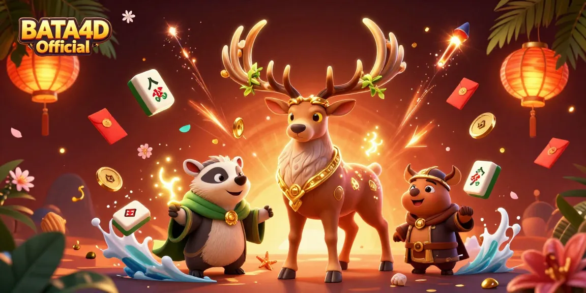 BATA4D Official showcases a vibrant 3D scene with a Celtic stag and wise badger in a magical casino landscape.