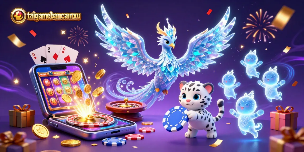Engage with taigamebancaanxu in this vibrant casino scene featuring an ice phoenix, a snow leopard cub, and lively casino elements.