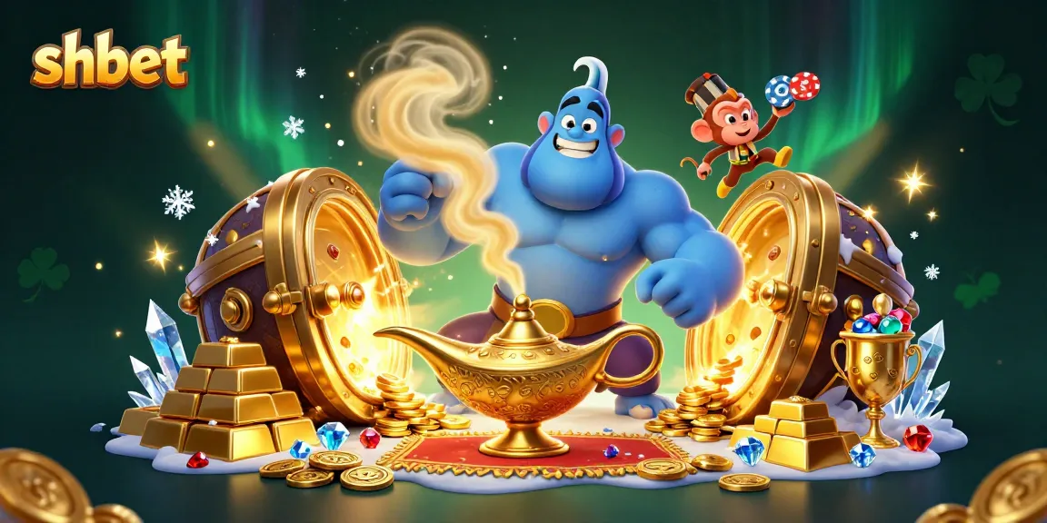 Experience thrilling wins with shbet, featuring a mystical genie, treasures, and poker chips.