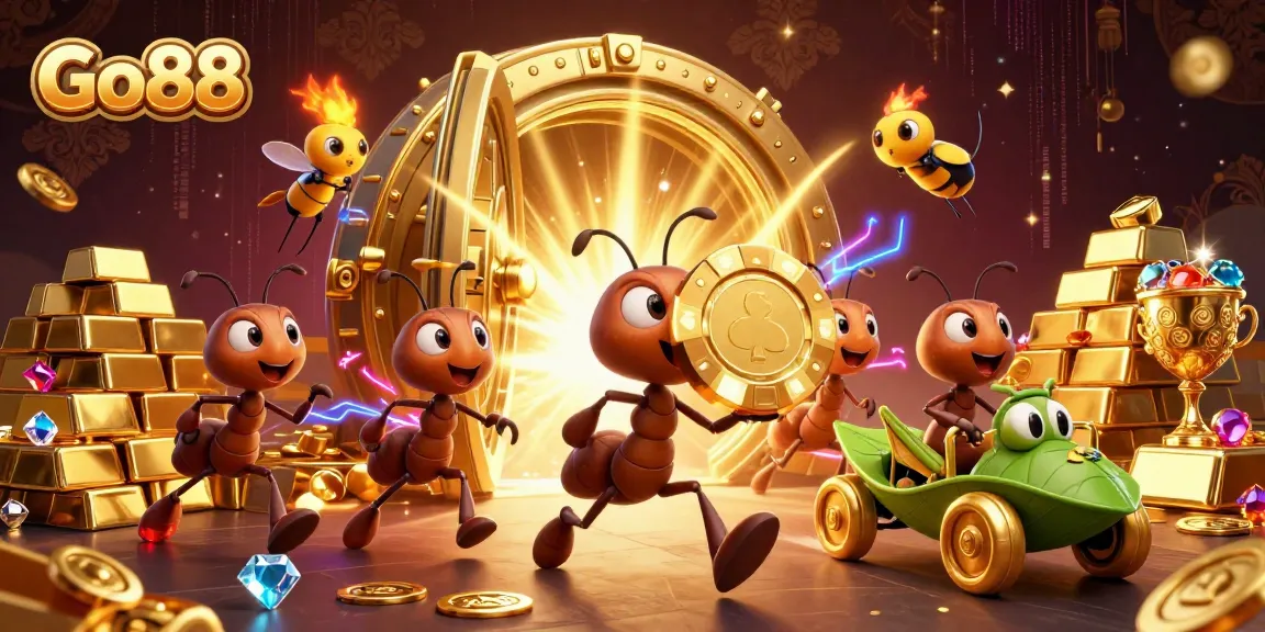Go88 features cartoon ants on a heist with poker chips amid a treasure scene.