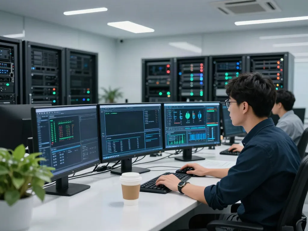 Technician monitoring AI inference data in a modern infrastructure control room.