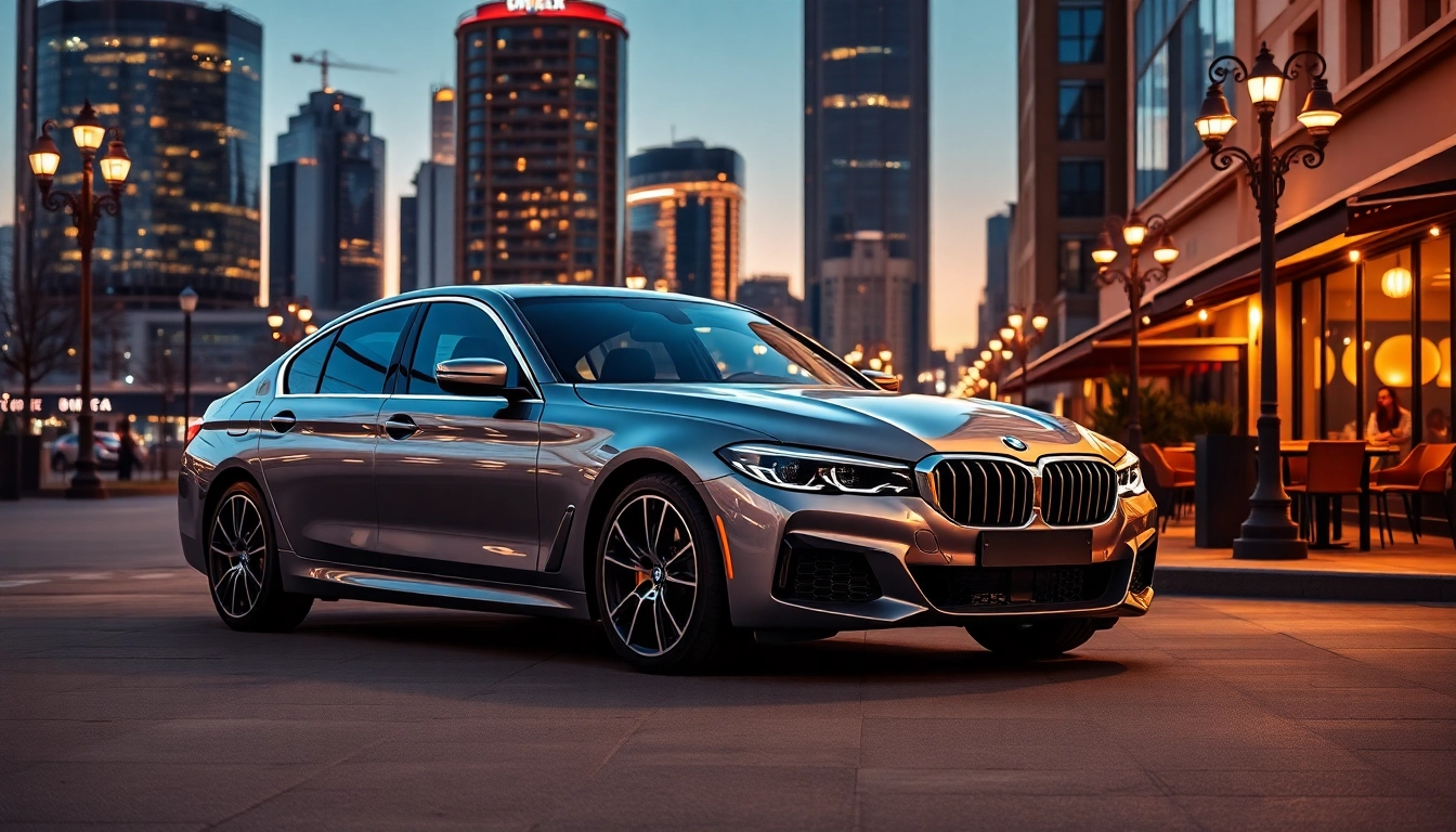 Admire the Luxury BMW car showcasing its elegance against a stunning urban backdrop.