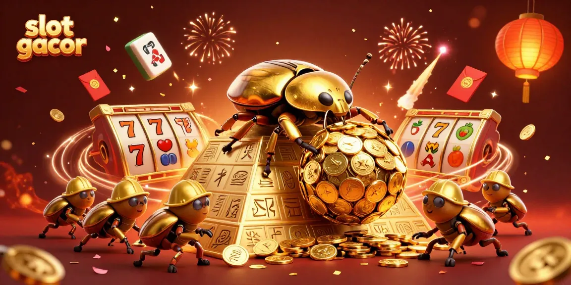 Experience slot gacor excitement with a giant golden beetle rolling coins in a dynamic casino scene
