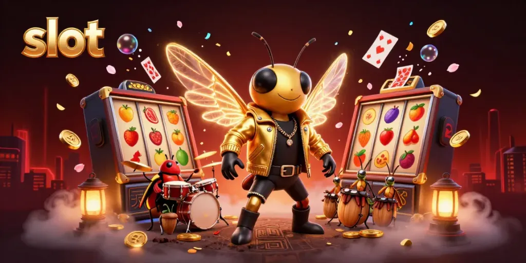 Slot yang penuh warna dengan karakter cicada rock star dan elemen kasino di sekelilingnya.