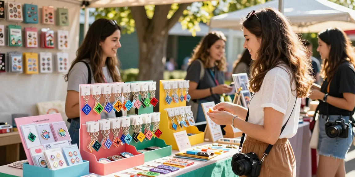 Acrylic Diamond Keychain display at a vibrant marketplace, showcasing various colourful designs and an engaging shopping atmosphere.