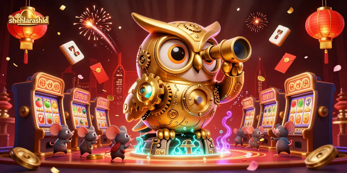 Experience the excitement of shehlarashid in a vibrant casino scene with clockwork owl and slot machines.