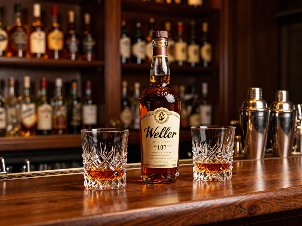 Weller Antique 107 Bourbon bottle in an elegant bar setting with crystal glasses and warm lighting.