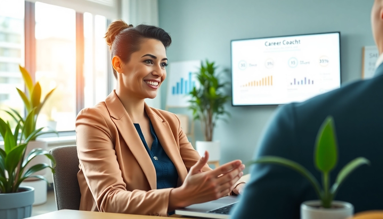 Engaging Career Coaching session showcasing a professional coach helping a client in a modern office.