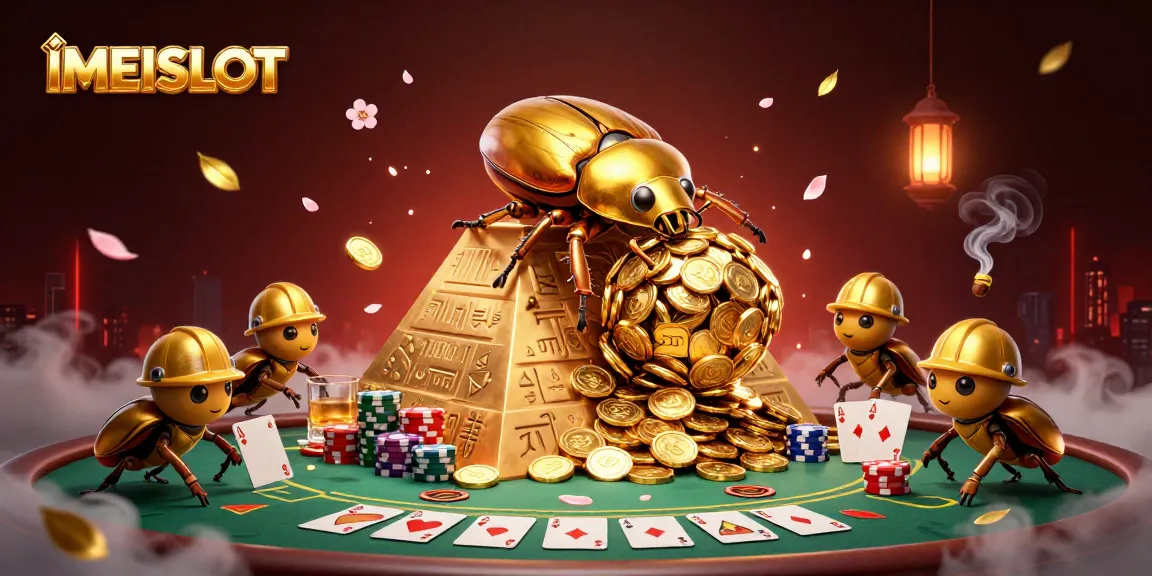 Engage with IMEISLOT's vibrant 3D casino illustration featuring golden beetles and dynamic poker elements.