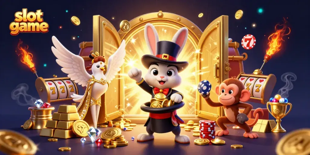 Watch a magician rabbit in a lively slot game scene, revealing treasures and excitement.