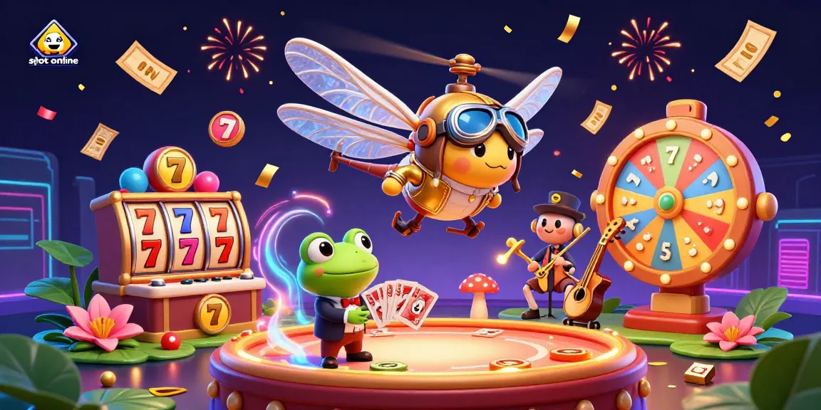Experience thrilling slot online action in this vibrant casino illustration with colorful elements and dynamic characters.