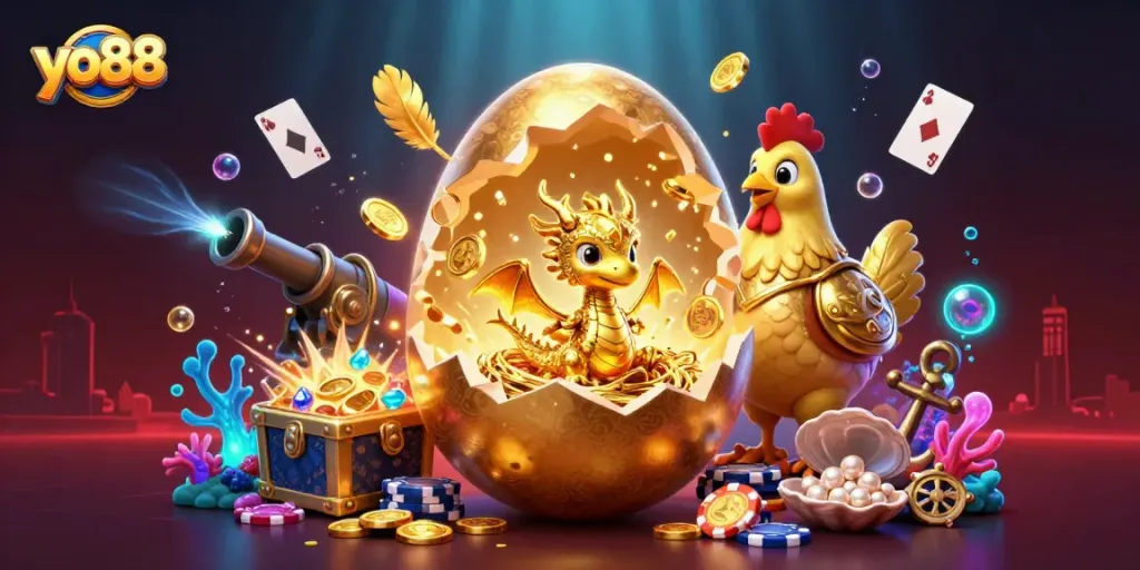 Engage in thrilling games at yo88 with a golden dragon guarding poker chips in a vibrant 3D casino illustration.