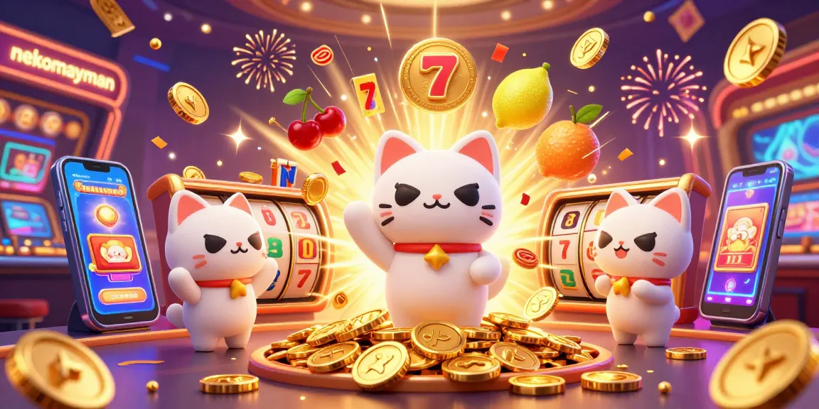 Neko May Mắn casino scene with exciting slot action and golden wins capturing the thrill of nekomayman gameplay.