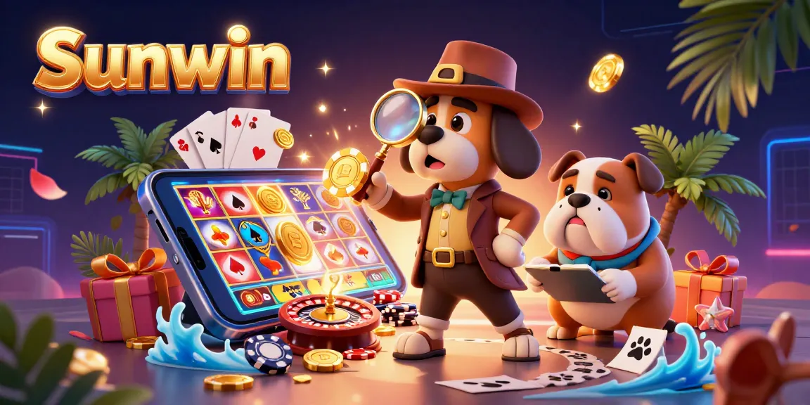 Engage in Sunwin's exciting gaming experience with a detective dog exploring clues among vibrant casino elements.
