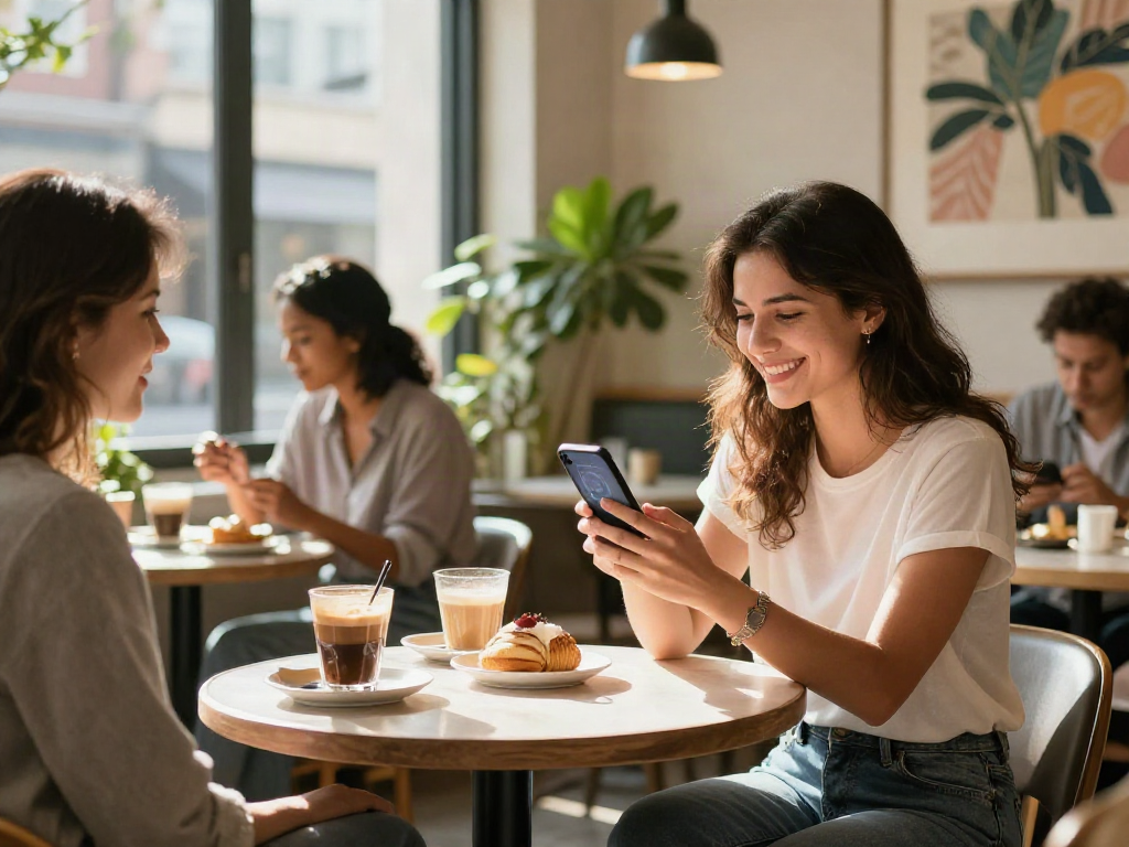 Young woman using facial recognition app how old do I look in a café