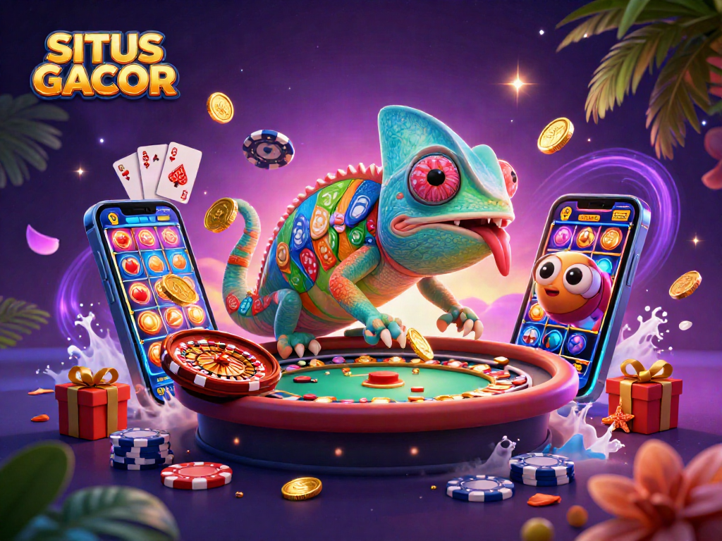 SITUS GACOR chameleon casino owner interacting with gaming elements in a vibrant casino scene