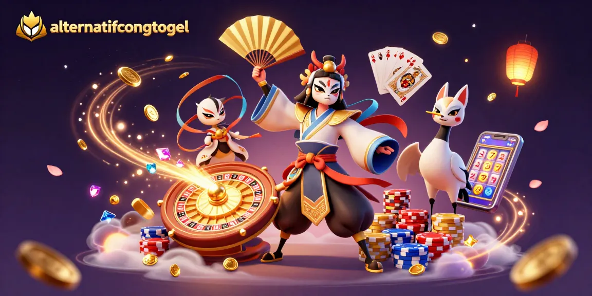 Engage your luck with alternatifcongtogel's vibrant colorful casino scene featuring iconic gaming elements.