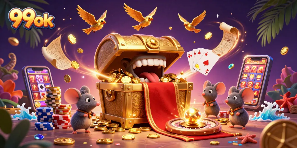 Experience thrilling wins at 99ok with a golden treasure chest, coins, and vibrant casino elements.