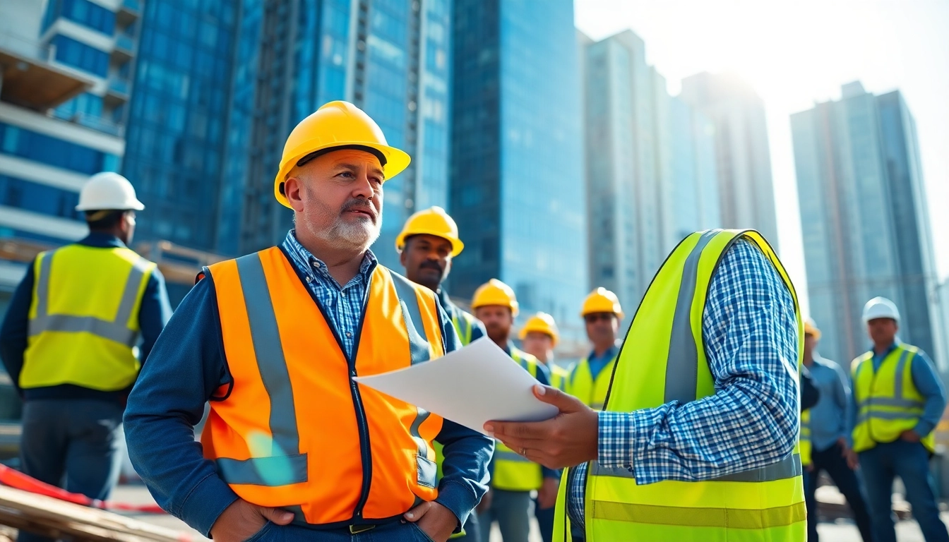 New York Construction Manager overseeing a construction site with a team, capturing professionalism and teamwork.