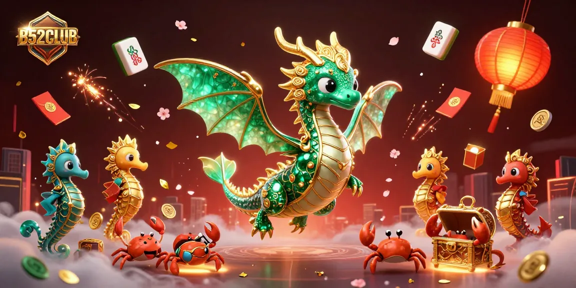 Engage in thrilling gameplay at B52CLUB with a vibrant sea dragon and festive casino elements.