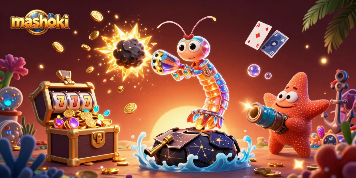 Mashoki casino scene featuring a galactic samurai mantis shrimp and starfish amidst exploding treasures and slot reels