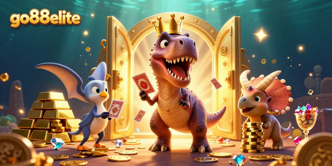 Engage with go88elite in a vibrant 3D casino scene featuring a T-Rex shuffling cards and a baby triceratops stacking chips.