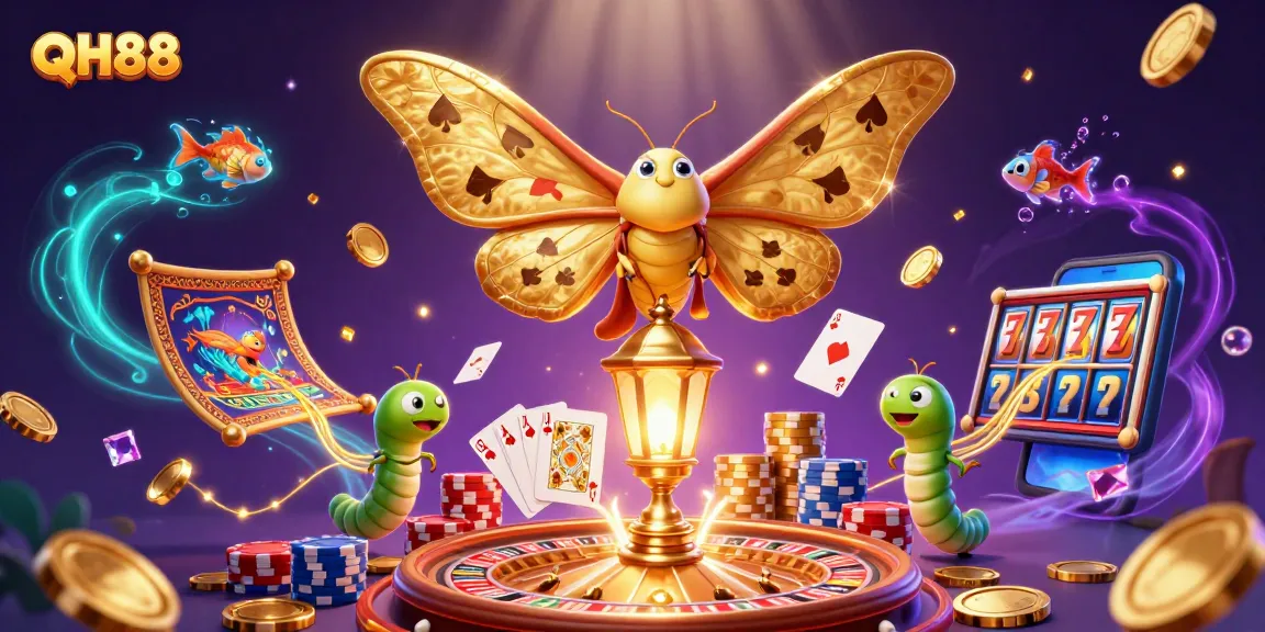 Experience QH88's vibrant casino environment where golden moths and coins create an exhilarating adventure.