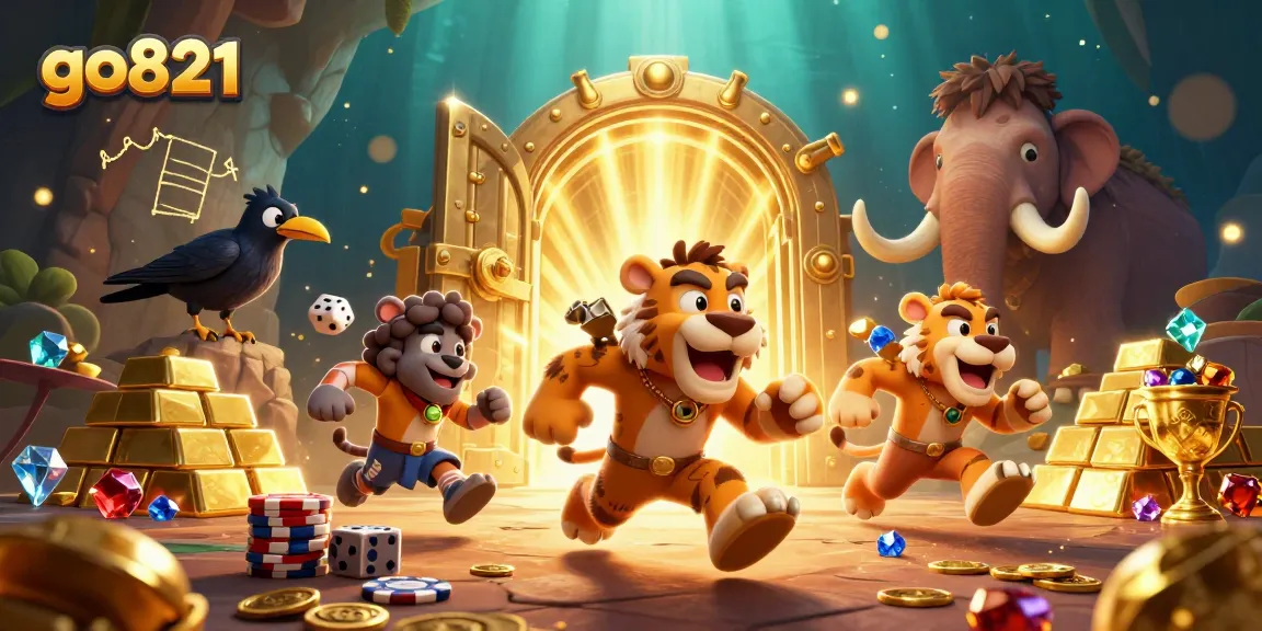 Experience thrilling gameplay at go821 with a vibrant prehistoric casino scene filled with sparkling treasures.