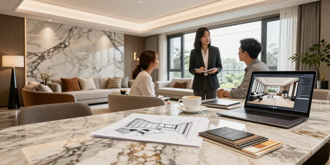 Interior design consultation featuring NAGA2000 premium flooring materials in a beautifully lit space, showcasing luxurious marble and granite.