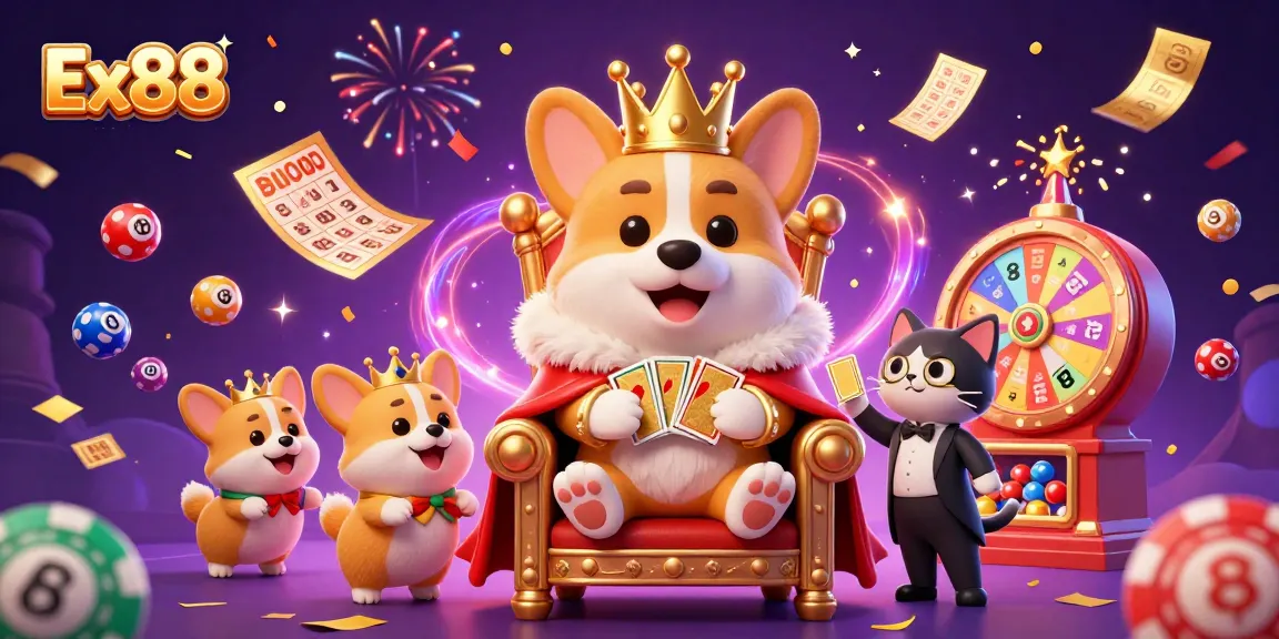 Join the royal corgi at Ex88, amidst a vibrant display of lottery excitement and gaming fun!