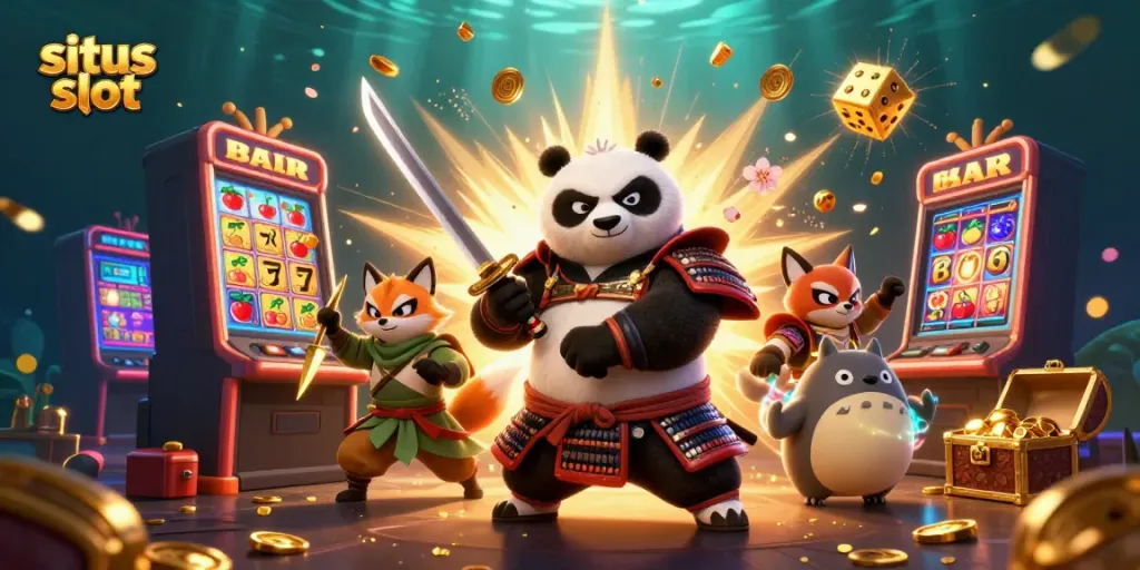 Gambarkan suasana situs slot dengan karakter panda samurai dan rubah ninja di antara mesin slot yang meledak, penuh koin dan simbol keberuntungan.