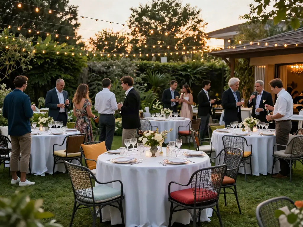 Event furniture rental showcasing elegant outdoor setting with guests enjoying a garden party.