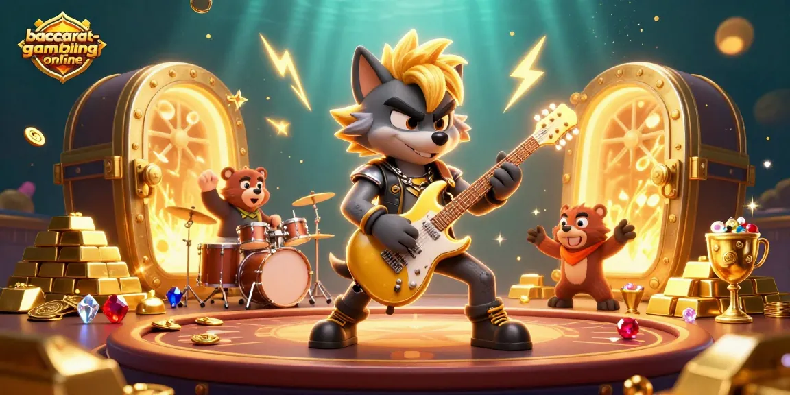 Baccarat-gambling-online 3D illustration capturing a rock star wolf and drummer bear in an exciting casino scene.