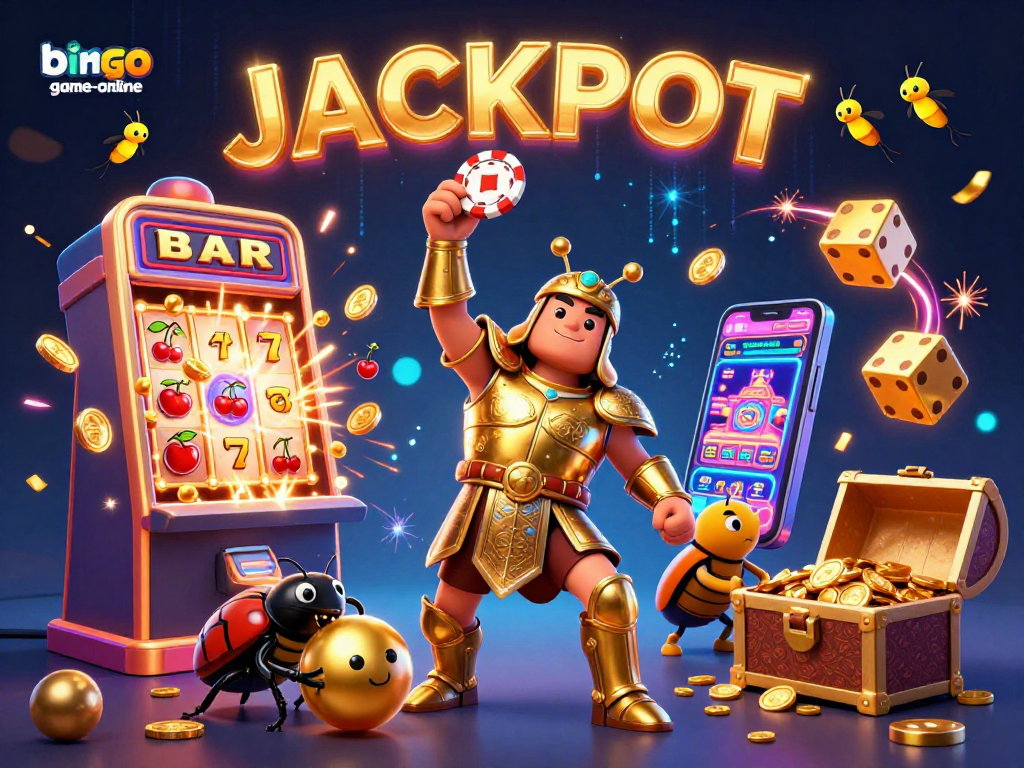 Engage in jackpot excitement at bingo-game-online with thrilling 3D bingo action showcasing hercules beetle and dynamic casino elements.