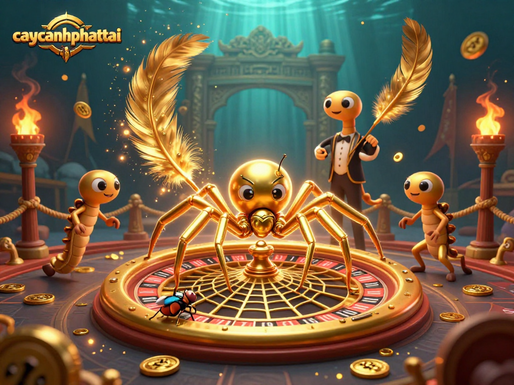 Spin the reels and win big with caycanhphattai in a richly detailed 3D casino scene featuring golden spider elements.