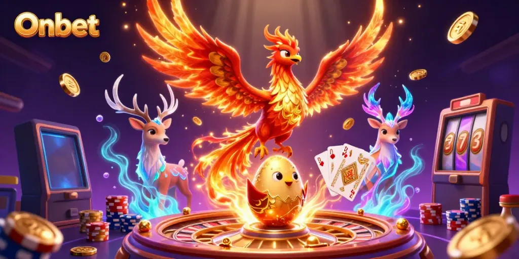 Experience thrilling gaming at Onbet with a phoenix and stag amidst casino riches.