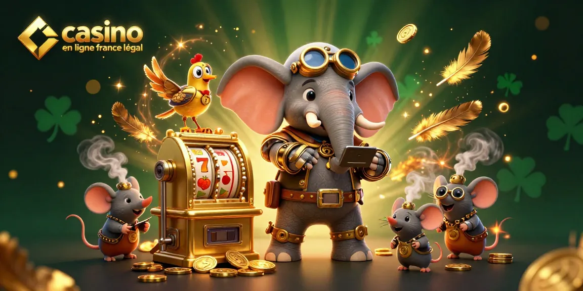 Illustration dynamique de casino en ligne légal en France avec machine à sous, éléphant et oiseaux créatifs.