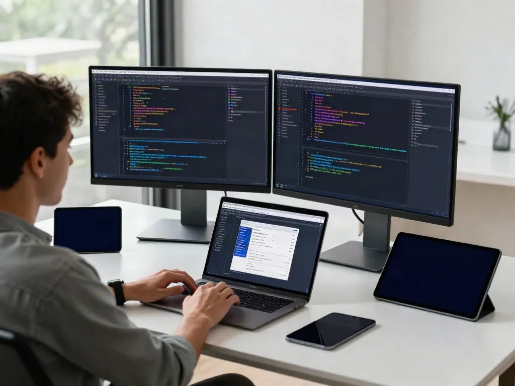 Developer coding in a professional workspace, illustrating how to browse this site safely.