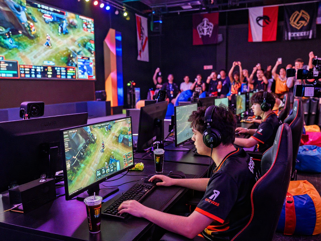 Intense esports tournament scene with players engaging in slot deposit qris gaming.
