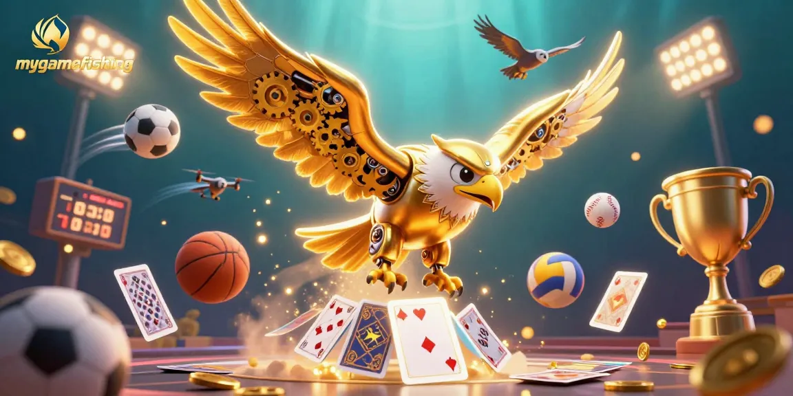 Engage in mygamefishing with a thrilling 3D illustration of a cybernetic eagle amidst dynamic sports elements.