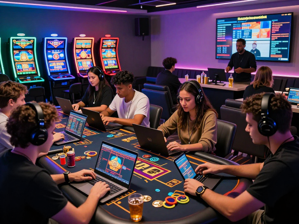 Exciting crypto casino scene with diverse players engaged in digital games, showcasing vibrant atmosphere and virtual currency.