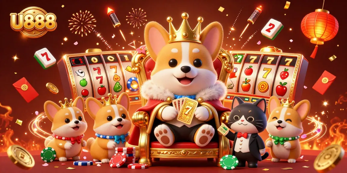 Experience U888’s lively gaming atmosphere with a royal corgi and its supportive entourage